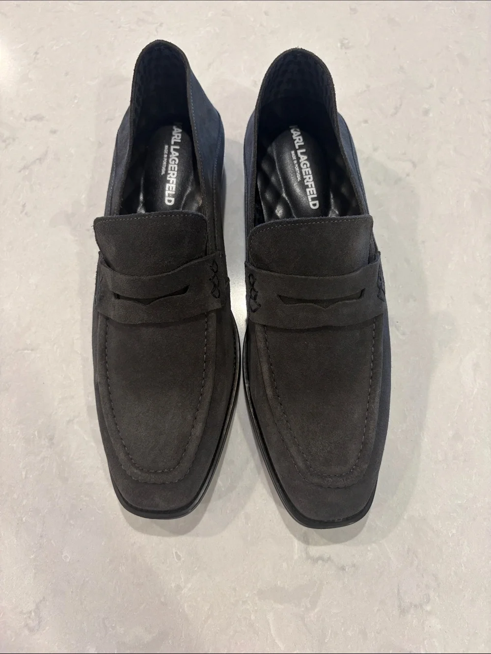 Karl Lagerfeld Men's Suede Penny Loafers in Charcoal Black